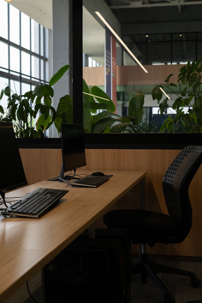 Inicio A contemporary office with computers and lush plants, ideal for coworking.